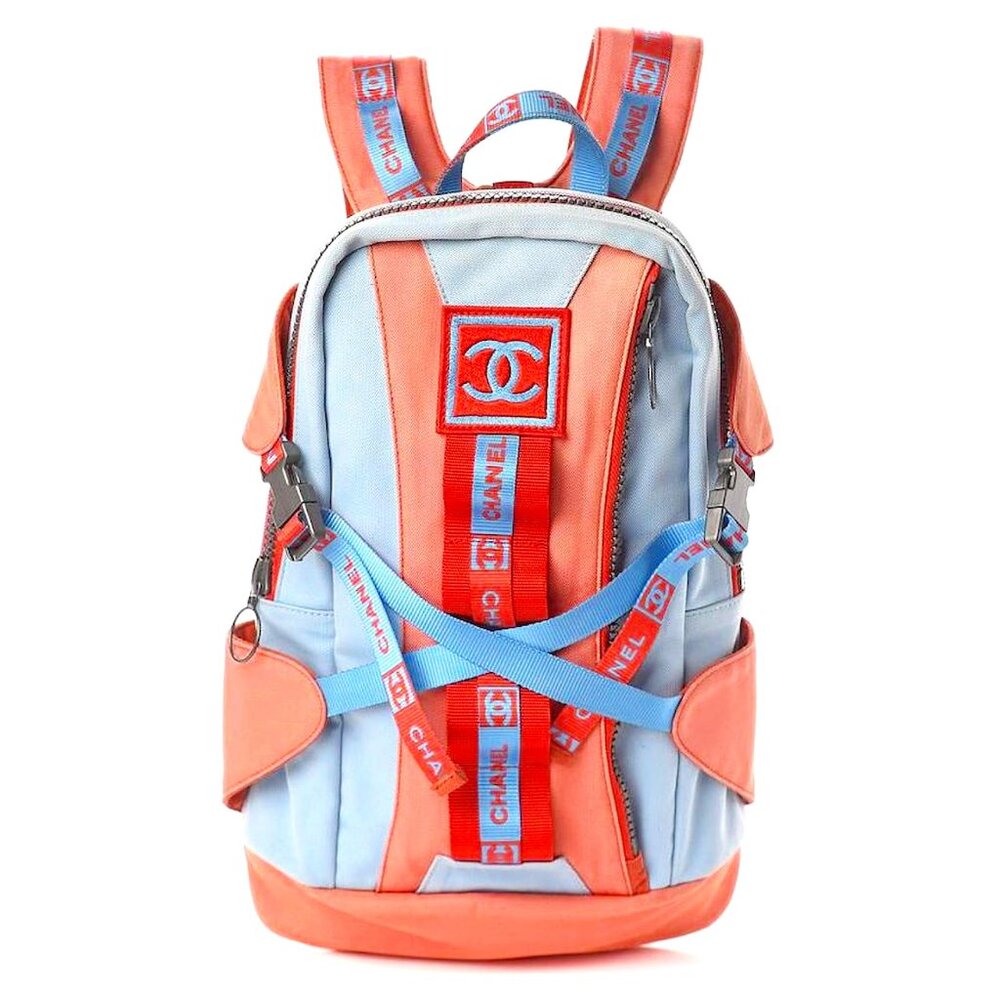 Authentic CHANEL CC Sport Line Nylon Backpack Bag Multicolor Blue Red Vintage
